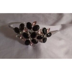 Floral Rhinestone Encrusted Headband With Black & Pink Flowers